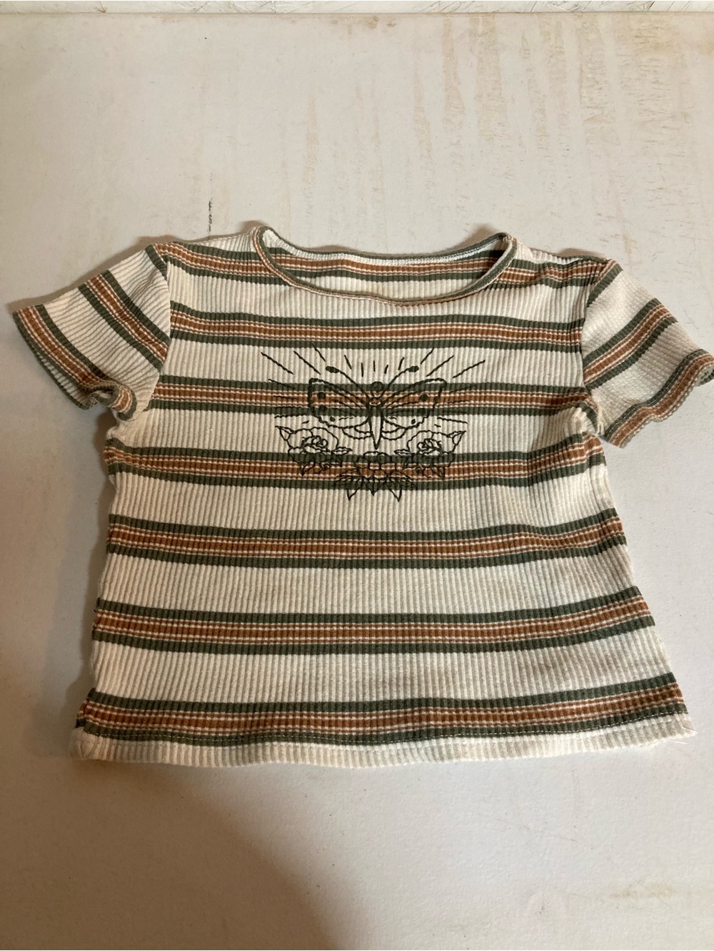 Tilly's Cream Ribbed Crop Top with Green & Brown Stripes